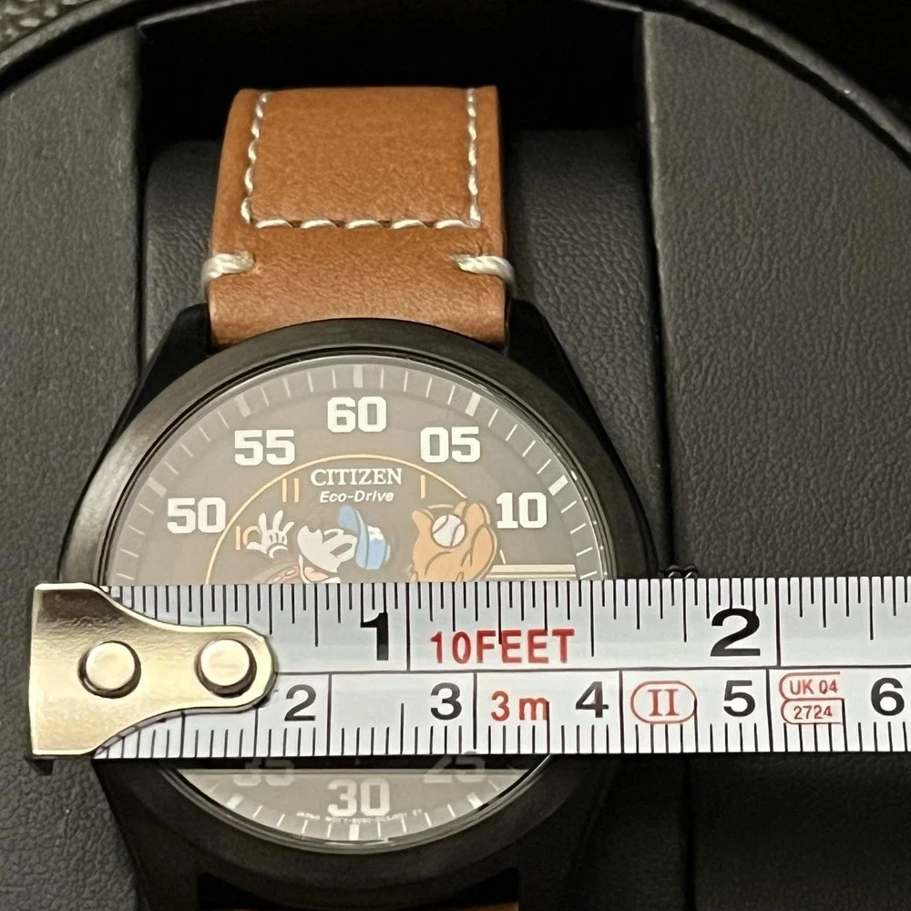 Citizen Eco-Drive Mickey Sport Watch Mens 44mm Gray Dial Brown Leather New Box